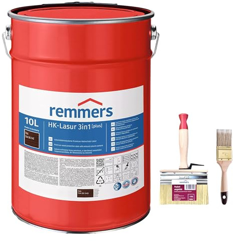 RemmersSet HK-Lasur 3in1 Plus + Pinsel Bandloo Set – Holzlasur für Außenbereich: Imprägnierung, Grundierung & Lasur in einem, Schutz vor Feuchtigkeit & UV-Strahlung, Varnish (Teak, 10 L)