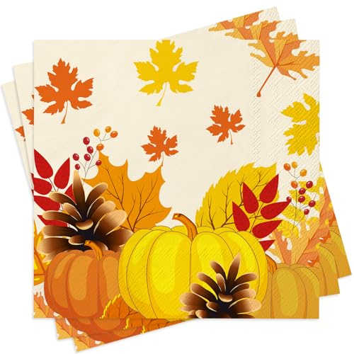 40 Stück Servietten Herbst Kürbis, Thanksgiving Tischdeko Cocktail Servietten Herbst mit Herbstblätter Kürbis Halloween Ernte Fall Party Papierservietten