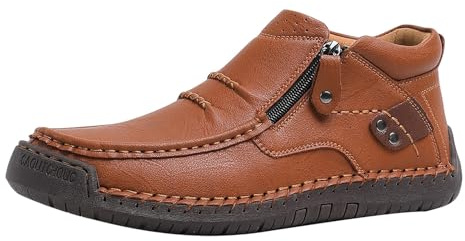 Chaussures en cuir pour homme - Respirantes et antidérapantes - Avec tige en cuir - Extra larges - Avec fermeture éclair - Chaussures plates classiques - Chaussures de loisirs confortables