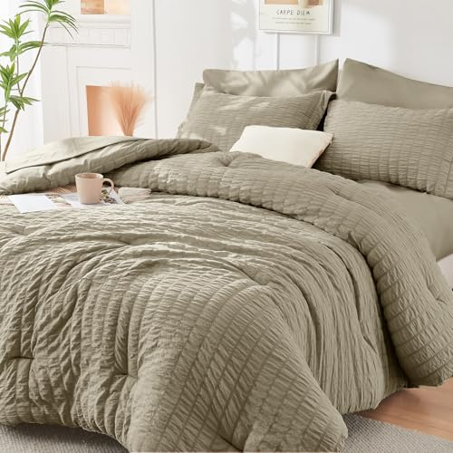 HYMOKEGE Linen Queen Comforter Set Seersucker 7 Pieces, All Season Luxury Bed in a Bag Queen for Bedroom, Bedding Set with Comforter, Sheets, Pillowcases & Shams