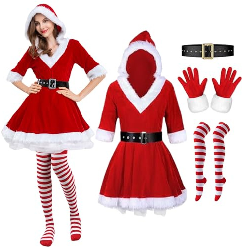 LOEPENLE Weihnachtsmann Kostüm Damen,Kostüm Weihnachtsmann,Premium Weihnachten Kleid Frauen Santa,Weihnachtsman mit Kapuze,Santa Claus Kostüme mit Kleid,Gürtel,Socken und Handschuhe