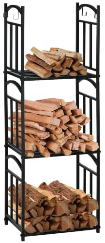 Outsunny Kaminholzregal für innen 46 x 32 x 126 cm 3 Ebenen Brennholzregal mit 4 Haken Griffe, Kaminholzständer für Kamin Ofen Kaminholzhalter Holzregal für Feuerholz, Stapelholz, Metall Schwarz