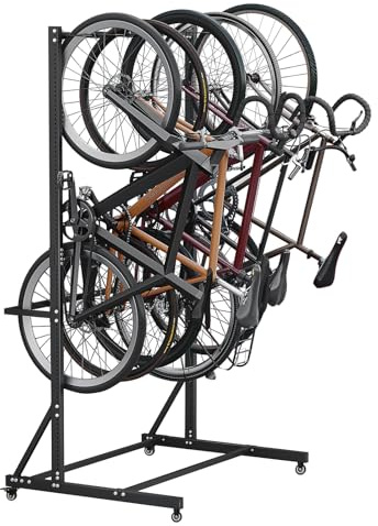 Freistehender Fahrradständer für 5 Fahrräder mit Rollen, höhenverstellbar 1,2–2m & breitenverstellbar, 150kg Schwerlast-Stahl Fahrradhalter, 4 Lenkrollen (2 feststellbar), mobiler Fahrrad-Organizer