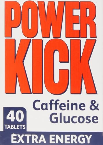 Power Kick Caffeine and Glucose Energy Tablets, Extra Energy and Concentration Supplement, 100mg Caffeine per Serving, 40 Tablets