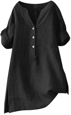 Longbluse Damen Sommer Button-Down Übergröße Musselin Leinenbluse Atmungsaktive Tops