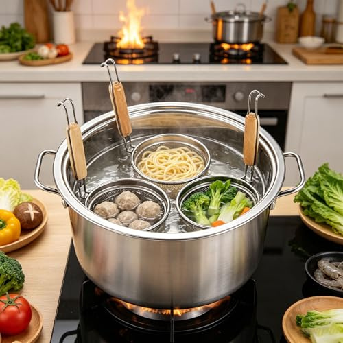 PioMue Secchio Multifunzione per la Cottura di Noodles, pentola Multifunzione con divisorio e scolapasta, Ideale per la Cucina di casa, ristoranti e attività Commerciali. 3-Hole