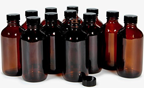 Vivaplex, 12, Amber, 4 oz Glass Bottles, with Lids, Amber/Black