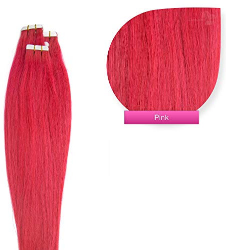 Tape Extensions Echthaar Haarverlängerung 50cm Tape In Haare mit Klebeband 40 Tressen x 4 cm breit und 2,5g Gewicht pro Tresse Farbe #pink