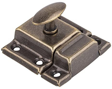 Small Stamped Antique Brass Cabinet Door Latch - 1 7/8 × 1 7/8 - Spring Loaded Cupboard Door Latch with Oval Turn - Vintage Cabinet Hardware | UA-141-LAB (1)