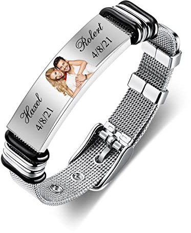 kaululu Personalisierte Armbänder mit Gravur Namen Foto Schmuck Herren Damen Paare Armband Edelstahl für Männer & Frauen Geschenk für Weihnachten Vatertag Geburtstag(Bunt Silber)