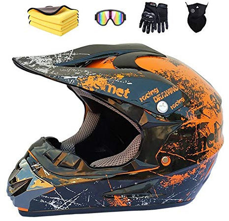 MXYMC Motorradhelm,Motocross Helm,Helm Kinder,Helmets Kinder-Cross-Helm, Road Helm mit Handschuhe Maske Brille, ATV Helm,MTB Orange,61-62cm