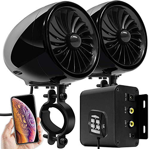 Aileap M150 Motorrad Verstärker Audio System mit AUX, MP3, FM Radio, 4 Zoll wasserdichte Bluetooth Stereo Lautsprecher, Fit für 1 zu 1,5 in. Lenker Motorräder ATV UTV RZR (Schwarz, Fan)