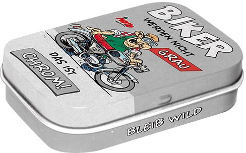 Nostalgic-Art Retro Pillendose, 4 x 6 x 1,6 cm, MOTOmania – Biker werden nicht grau – Geschenk-Idee für Biker, mit Pfefferminz-Dragees, Vintage Design