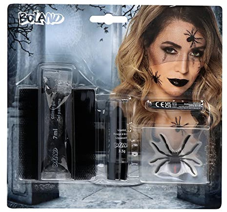 Boland 45097 - Schminkset Schwarze Witwe, 1 Tüllstoff, 1 Lippenstift, 4 Aufkleber, 1 Schminkstift und 1 Glitzergel, Schminke, Set, Make-Up, Spinne, Hexe, Halloween, Karneval, Mottoparty