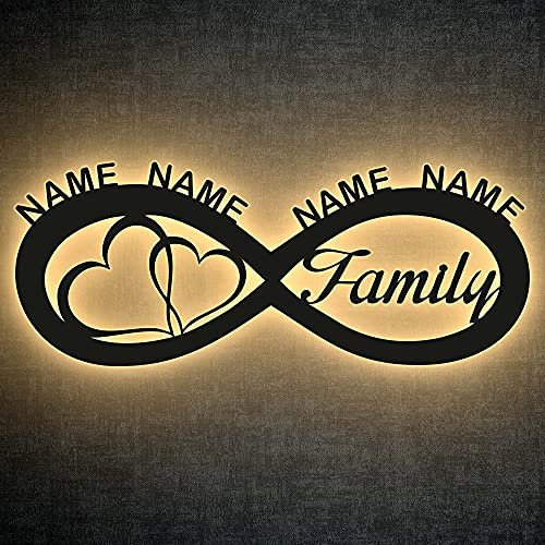 LEON FOLIEN I love my Family Deko - Familie LED Schlummerlicht Nachtlicht vier Namen Unendlichkeit, Herzchen Unendlichkeitszeichen liegende Acht personalisiert- Geschenk Infinity - in 13 Farben