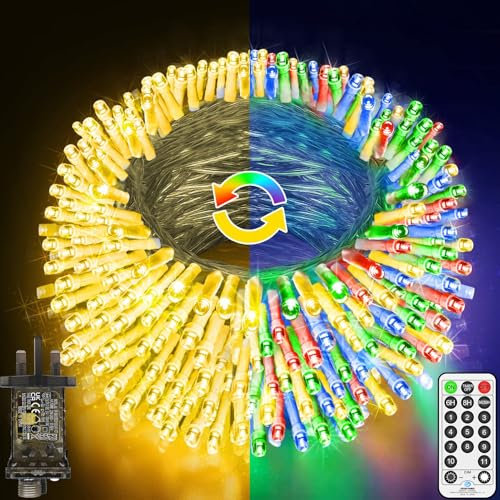 108 FT 300 LED String Lights Outdoor Colour Changing Fairy Lights Plug In Christmas Lights with Remote Timer 11 Modes for Xmas Tree Yard Garden House Party Decoration-Warm White To Multicoloured