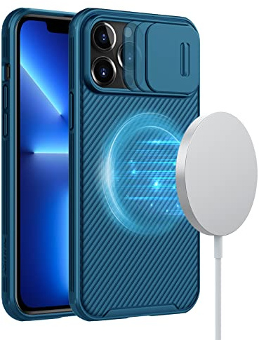 Nillkin Kompatibel mit iPhone 13 Pro Max Hülle Magsafe 6,7 Zoll, CamShield Pro Handyhülle mit Kameraschutz, Unterstützung Magsafe Ladegerät, Schlanke Schutzhülle mit Schiebelinsenabdeckung - Blau