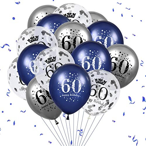 RUMIA Luftballon zum 60. Geburtstag, Dekoration, 15 Stück, Marineblau, Silber, Latex-Luftballons, alles Gute zum Geburtstag, blauer Konfetti-Folienballon, 60. Jahrestag, Party-Dekoration, Männer, Mann