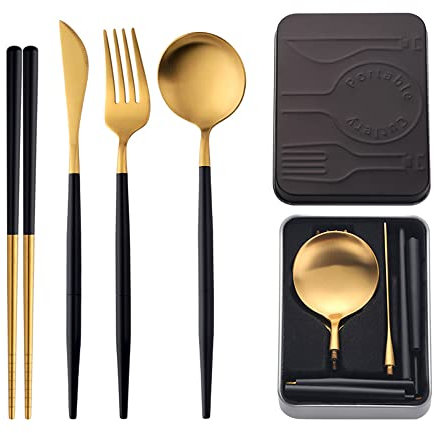 Portable Stainless Steel Cutlery Set with Case, TUPMFG 4 Pcs Reusable Travel Flatware with Chopsticks for Camping, Picnic, Office, Outdoor(Black/Gold)