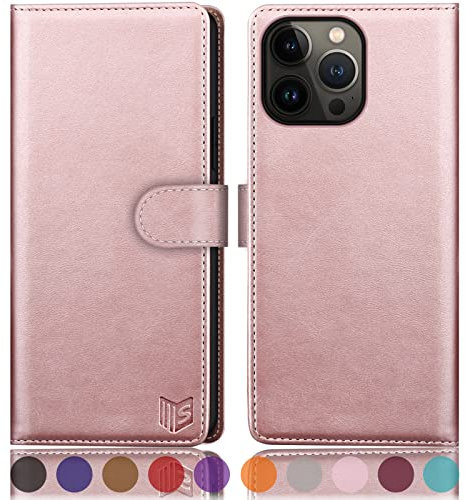 SUANPOT [RFID Schutz für iPhone 14 Pro 6.1 Hülle PU Leder Handyhülle Lederhülle Klapphülle Kartenfach Flip Cover für Apple 14 Pro Handy hülle Leather Wallet Phone Case Roségold