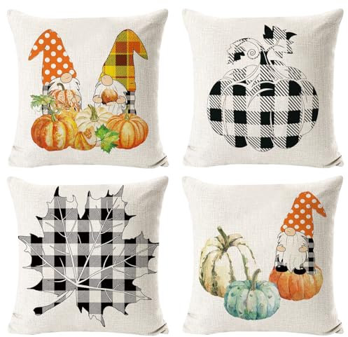 Qunkun 4 Stück Kissenbezug Herbst Dekorative Kissenbezug Erntedankfest Kissenhülle Set Herbst-Thema Leinen Kissenbezüge Dekokissen für Sofakissen Wohnzimmer Schlafzimmer (Kürbis)