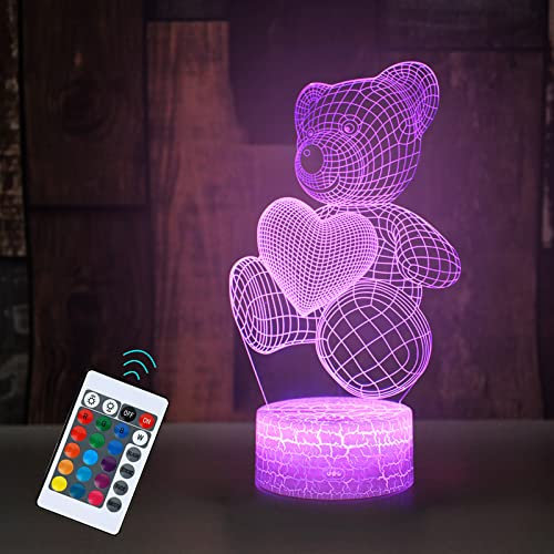 Gohytal 3D Teddybär Illusion Nachtlicht für Kinder, 16 Farben Ändern und Fernbedienung LED-Illusionslampe für Mutter Freundin Frauen Jahrestag Kinder Valentinstag Geburtstag Beste Geschenk Spielzeug