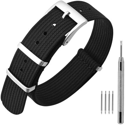 ANNEFIT Cinturino per Orologio in Nylon 22mm per Uomo e Donna con Fibbia Argenta in Acciaio Inossidabile (Nero)