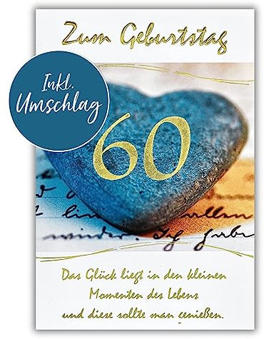 bsb 60. Geburtstagskarte Frau & Mann - Karte Geburtstag in 11,5 x 17,0 cm - Glückwunschkarte Geburtstag mit Steinherz-Motiv - 60. Geburtstag-Karte mit Umschlag - Geburtstagskarten