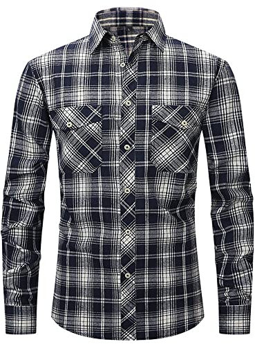 AOKODA Hemd Herren Revers Klassisch Kariert Hemd Herren Doppelte Tasche Knopfleiste Langarm Freizeithemden Herren Slim Fit All-Match Basic Trachtenhemd Herren E-Navy White XXL