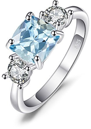 JewelryPalace Kissenschliff 2ct Echt Blau Topas Zirkonia Ring Damen, Drei Stein Schmuck Set, Verlobungsring Silber Ringe 925 für Frauen, Ring Promise Hochzeitstag Schmuck Mädchen mit Naturstein 53