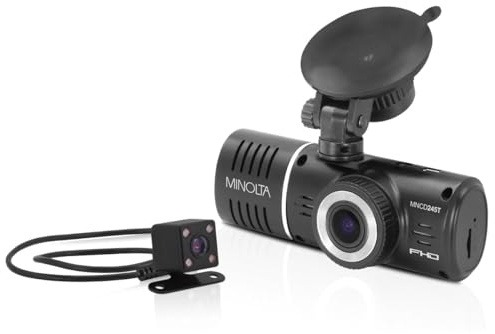 Minolta 3-Channel 1080p Car Camcorder with Rear Camera - Full HD Dash Cam, Inside Cabin Infrared Night Vision, 170° Wide Angle Lens, G-Sensor, Loop Recording, Motion Detection, 2.45 LCD Screen