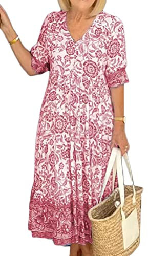 Tomwell Robe Longue Femme Été Casual Maxi Robe Col V Grande Taille sans Manches Robe Mode Boho Impression Fluid Robe de Plage Vacances D Rose 3XL