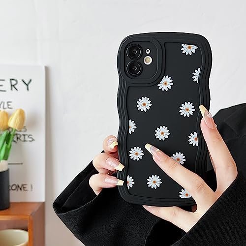 ZTOFERA Case for iPhone 11, Cute Curly Wave Frame Daisy Pattern Liquid Silicone Case, Flexible Shockproof Protective Bumper Cover for iPhone 11 6.1 - Black
