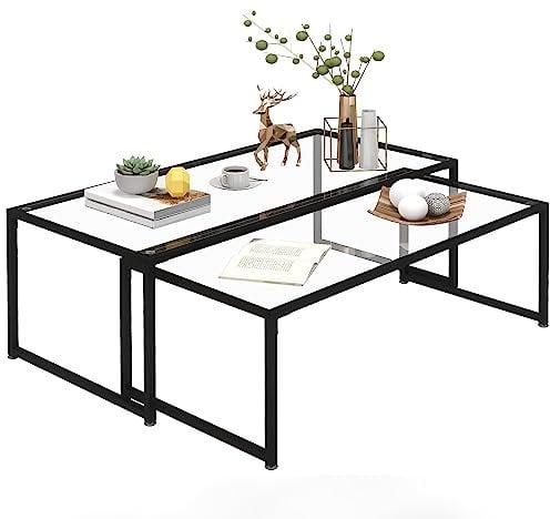 HOMCOM Juego de 2 mesas de Centro rectangulares de Acero con Tapa de Cristal Templado Negro