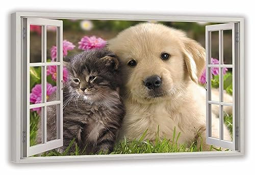 HUBDECO Leinwandbild Fensterblick Hund Katze Bild 120x80 cm - Landschaftsbilder auf Leinwand - Wandbilder Wohnzimmer - Bild Fenster mit Ausblick - Aesthetic Room Decor - Wanddeko Schlafzimmer