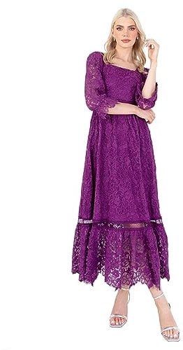 Lovedrobe Women's Midaxi Dress Ladies Lace Square Neckline Long Sleeve High Waist Empire A-Line for Wedding Guest Evening Occasion Vestito, Lilla, 56 Donna