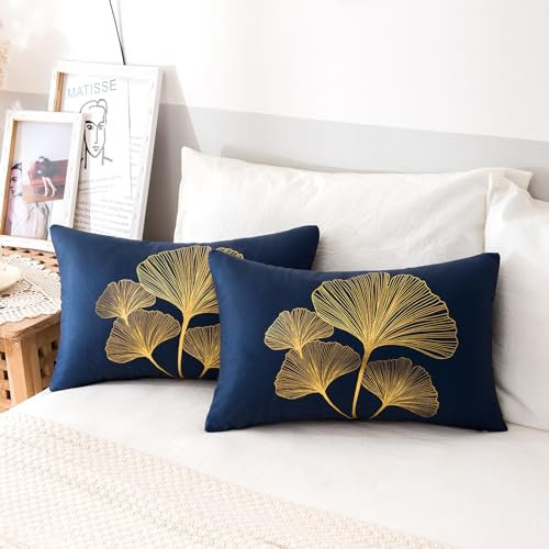2er Set Kissenbezug Navy Blau 30x50 Samt Kissenbezüge Soft Cosy Dekokissen Kissen Ginkgo Biloba Blätter Kissenbezug Kissenhülle Dekokissenbezug für Schlafzimmer Wohnzimmer Bett Balkon Sofakissen