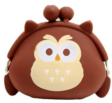 Simpatica borsa portaoggetti a portafoglio, portamonete, portachiavi, custodia per cuffie, in morbido silicone, motivo gufo con stampa animale (marrone), Marrone, Portamonete