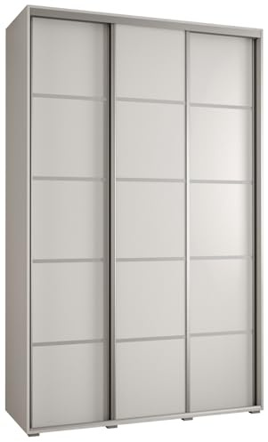 MEBLE KRYSPOL Davos 4 150 Schrank mit DREI Schiebetüren für Schlafzimmer - Moderner Kleiderschrank mit Kleiderstange und Regalen - 235,2x150x45 cm - Weiß Weiß Silber
