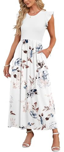 AUSELILY Damen Kurzarm Plissee Lässige Blumen Maxikleider mit Taschen Rundhalsausschnitt Freizeit Weiß Strandkleid Locker Large