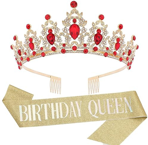 Damen Geburtstag Tiara und Schärpe Rot Krone Dekoration Schärpe Mädchen Birthday Queen Schärpen Hochzeit Braut Tiara Stirnband Kristall Strass Prinzessin Tiara Krone mit Kamm für Geburtstag Party