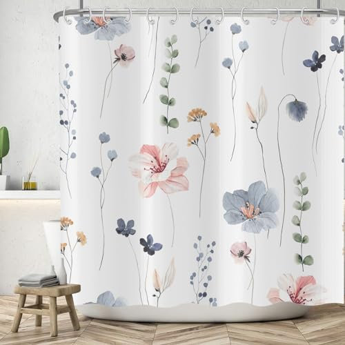 ASDCXZ Blumen Duschvorhang 180x200 cm, Frühling Handgemalt Rose Blau Gelb Blumen Grün Blätter Weiß Bad Waschbar Duschvorhänge Polyester Textil Wasserdicht Badevorhang für Badewanne mit 12 Haken