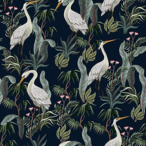 ReWallpaper Selbstklebende Tapete Grün Blätter Tapete Vintage Blau Klebefolie Möbel Muster Vintage Grün Tapete Dunkelgrün Vögel Weiß für Schränke Tapete Badezimmer Wasserfest Dunkelblau 44.5cm×3m