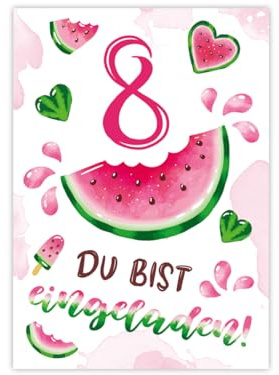 Minkocards 12 Einladungskarten zum 8. Kindergeburtstag Mädchen Wassermelone Einladung achte Geburtstag Mädchengeburtstag Geburtstagseinladungen