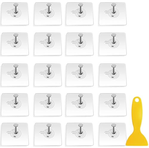 Neyared 20PCS Sticky Self Adhesive Picture Hooks No Nails, 8mm Transparent Nail Free Picture Hanging with Plastic Scraper, for Pictures, Frames and Wall