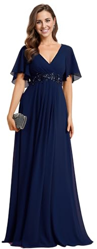 Ever-Pretty Damen Abendkleid Lang Elegant für Hochzeit Appliziertes V-Ausschnitt A-Linie Ballkleider Chiffon Brautjungferkleider Navy Blau 50