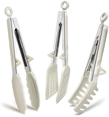 Pince Cuisine Inox, 23cm Lot de 3 Pince Barbecue avec Embouts en Silicone, Pince Plancha pour Griller, Barbecue, Buffet, Blanc