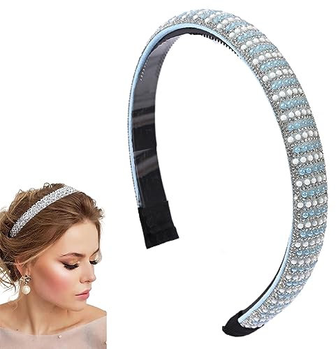 Traziewell Haarband Damen Dünn Elegant Breit Haarreif mit Strass Perlen Wunderschön Breite Haarschmuck für Frauen Haarreifen Blau haarbänder Stirnbänder Damen Dünn 2308