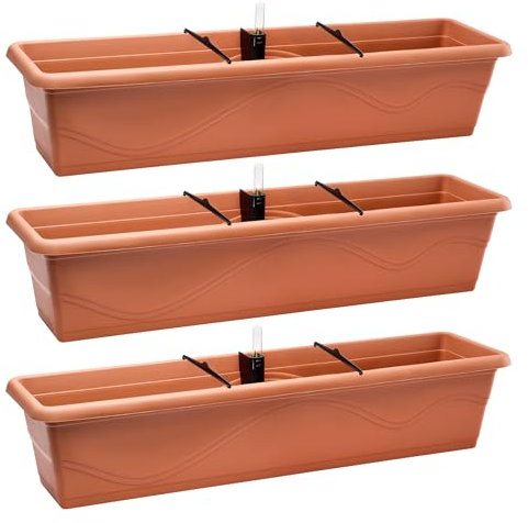 Garronda Jardineras Exteriores Macetero Jardinera para balcón Macetas Exteriores con Indicador de Nivel de Agua y Sistema de riego GD-0073 (Terracota, 3 Piezas, Longitud=79cm)