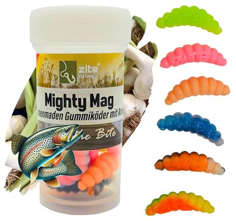 Zite Fishing Mighty Mag Neon Mix 12 STK - Schockfarben Forellen-Köder 2,8cm - Bienenmaden-Imitat – Gummiköder UV-Aktiv & Phthalatfrei – Neon Knoblauch